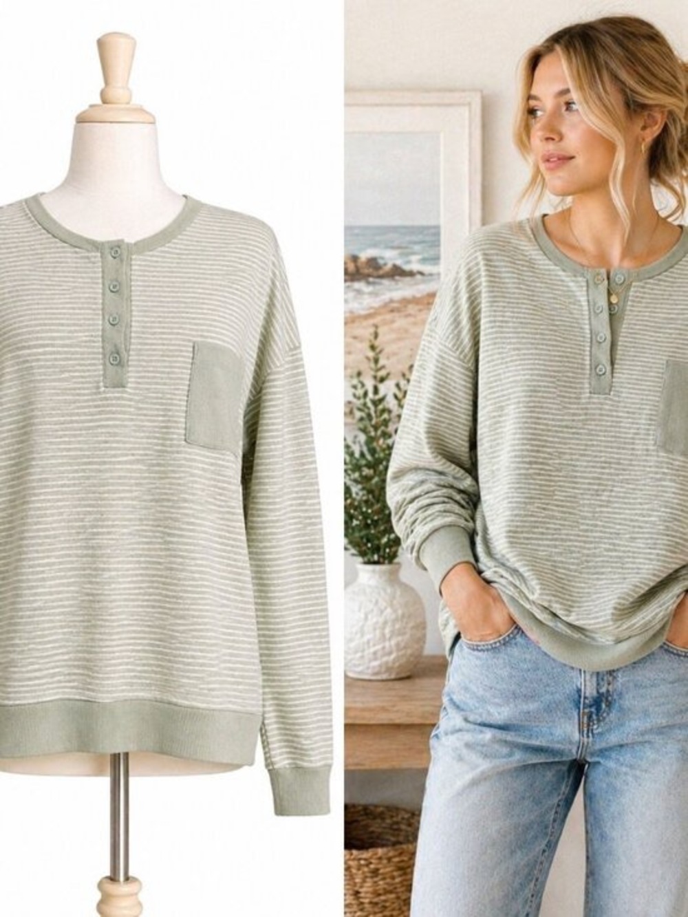 Splendid Light Sage Striped Henley Pullover Sweatshirt Size XXL Cozy Coastal Top